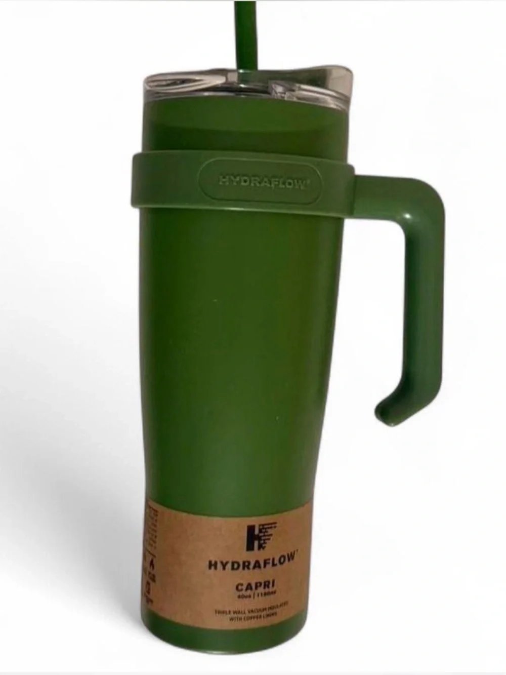 Brand New HydraFlow Green Capri Travel Tumbler with Handle and Straw